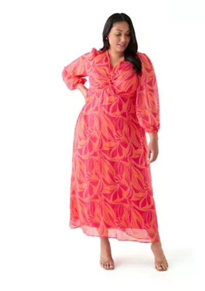 Plus Blouson Sleeve V-Neck Printed Chiffon Maxi Dress