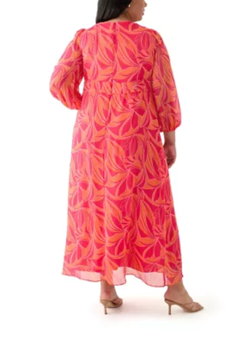 Plus Blouson Sleeve V-Neck Printed Chiffon Maxi Dress