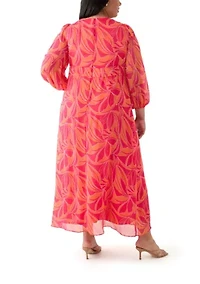 Plus Blouson Sleeve V-Neck Printed Chiffon Maxi Dress