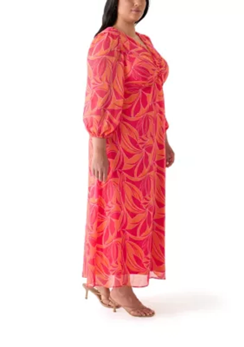 Plus Blouson Sleeve V-Neck Printed Chiffon Maxi Dress
