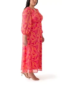 Plus Blouson Sleeve V-Neck Printed Chiffon Maxi Dress