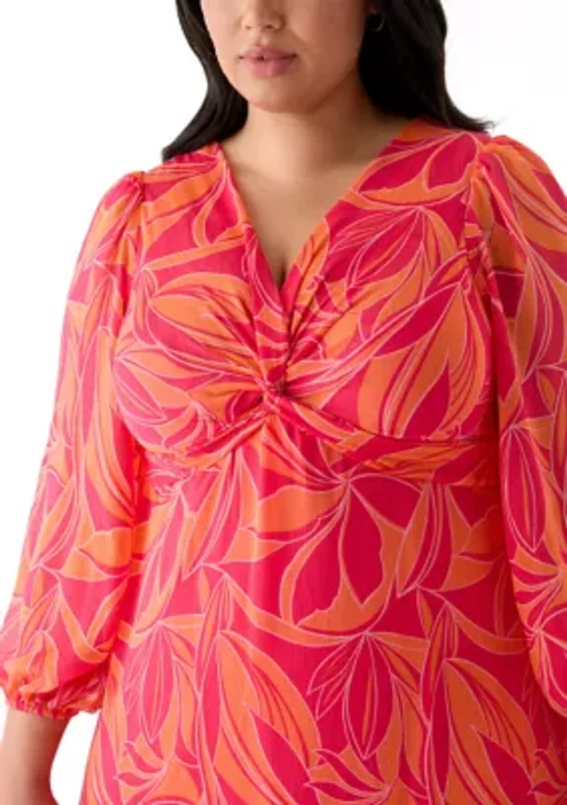 Plus Blouson Sleeve V-Neck Printed Chiffon Maxi Dress