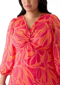 Plus Blouson Sleeve V-Neck Printed Chiffon Maxi Dress