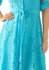 Women's Elbow Cuffed Sleeve Lace Fit and Flare Dress
