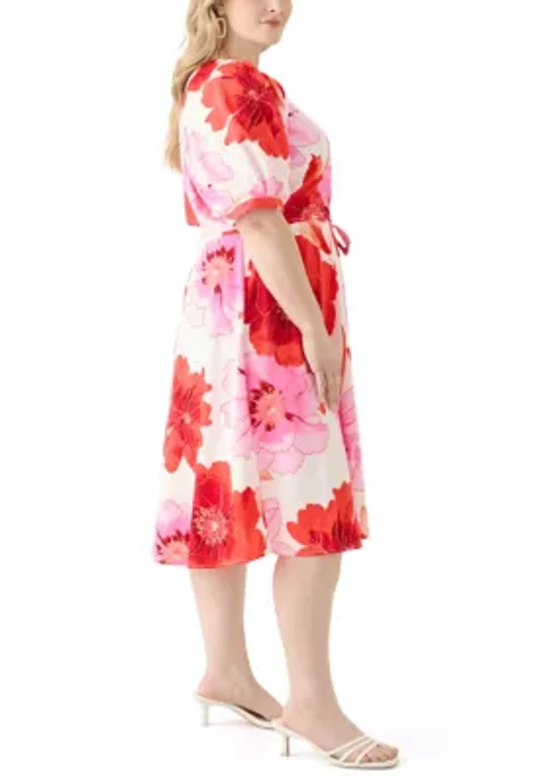 Plus Floral Puff Sleeve Midi Dress