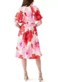 Women's Short Sleeve V-Neck Floral Print Fit and Flare Dress