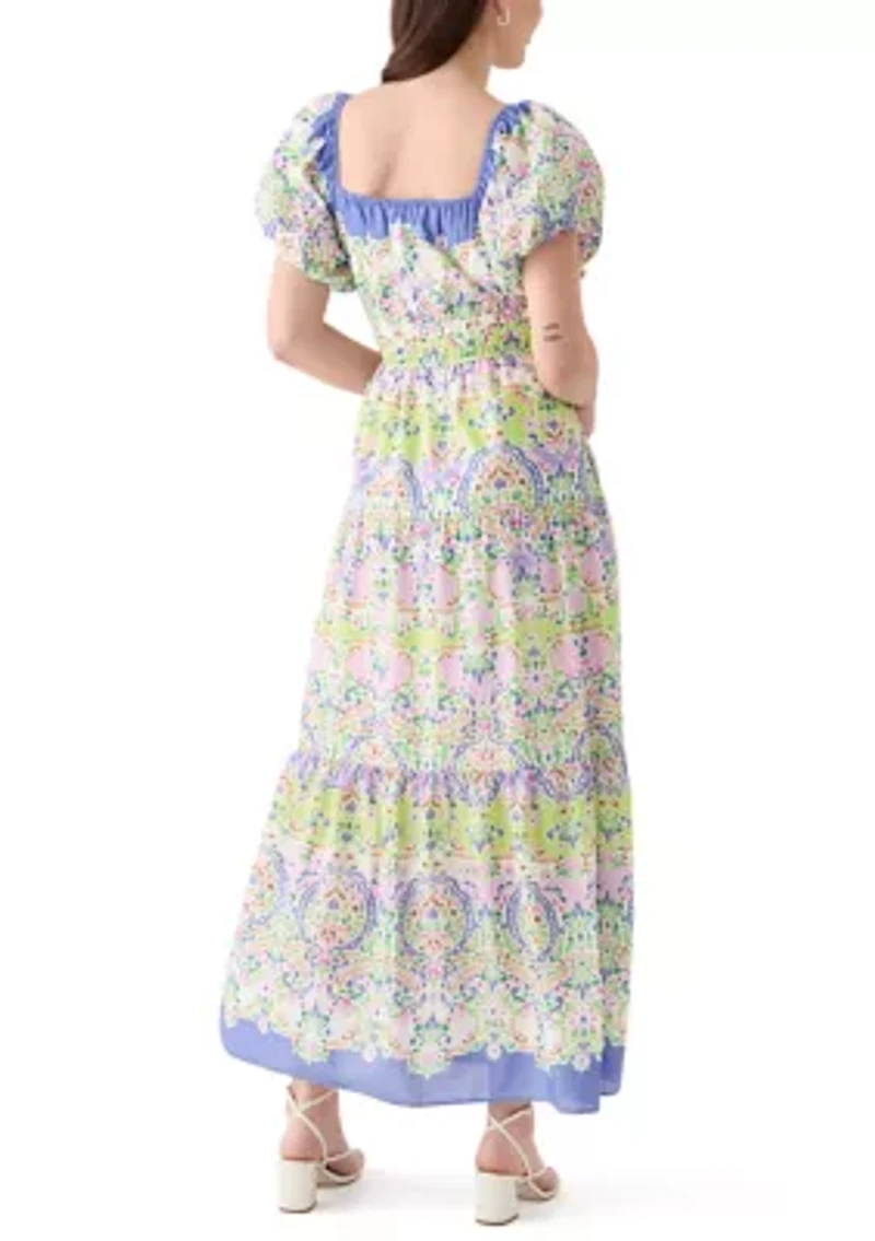 Women's Puff Sleeve Square Neck Printed Maxi Dress