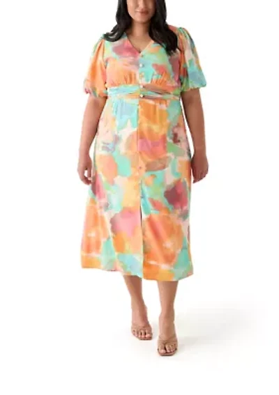 Plus Puff Sleeve V-Neck Printed Dress