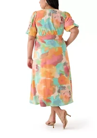 Plus Puff Sleeve V-Neck Printed Dress