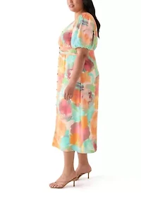 Plus Puff Sleeve V-Neck Printed Dress