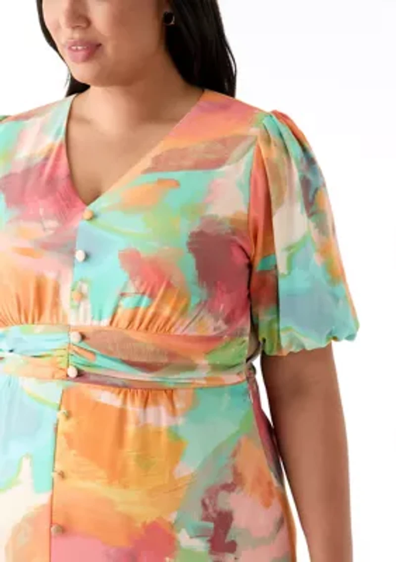 Plus Puff Sleeve V-Neck Printed Dress