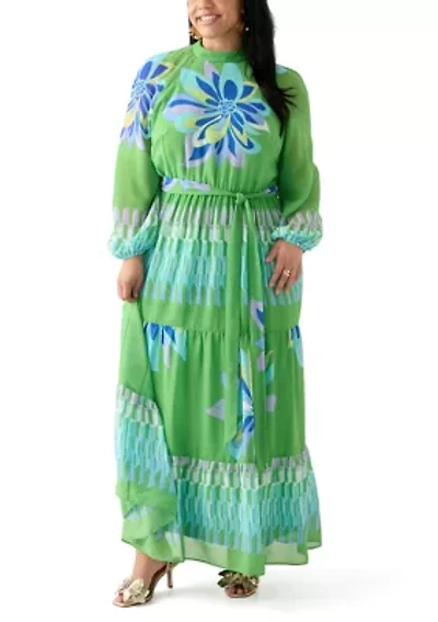 Plus Long Sleeve Mock Neck Printed Chiffon Maxi Dress