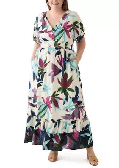 Plus Short Sleeve V-Neck Floral Print Crepe Maxi Dress