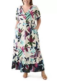 Plus Short Sleeve V-Neck Floral Print Crepe Maxi Dress