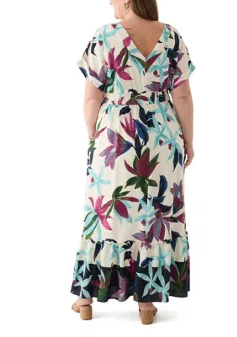 Plus Short Sleeve V-Neck Floral Print Crepe Maxi Dress