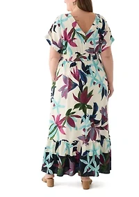 Plus Short Sleeve V-Neck Floral Print Crepe Maxi Dress