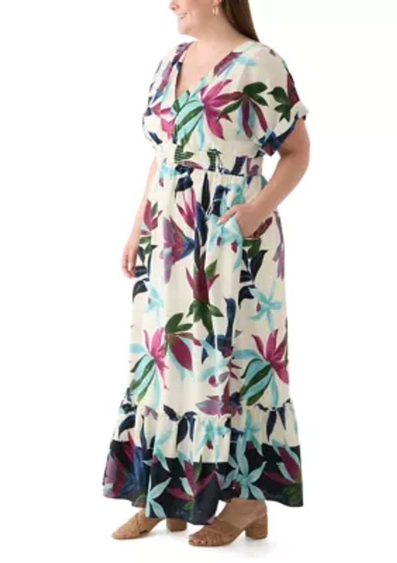 Plus Short Sleeve V-Neck Floral Print Crepe Maxi Dress