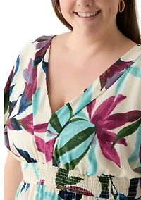 Plus Short Sleeve V-Neck Floral Print Crepe Maxi Dress