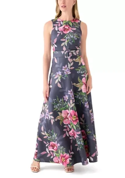 Women's Sleeveless Crew Neck Floral Print Maxi Dress