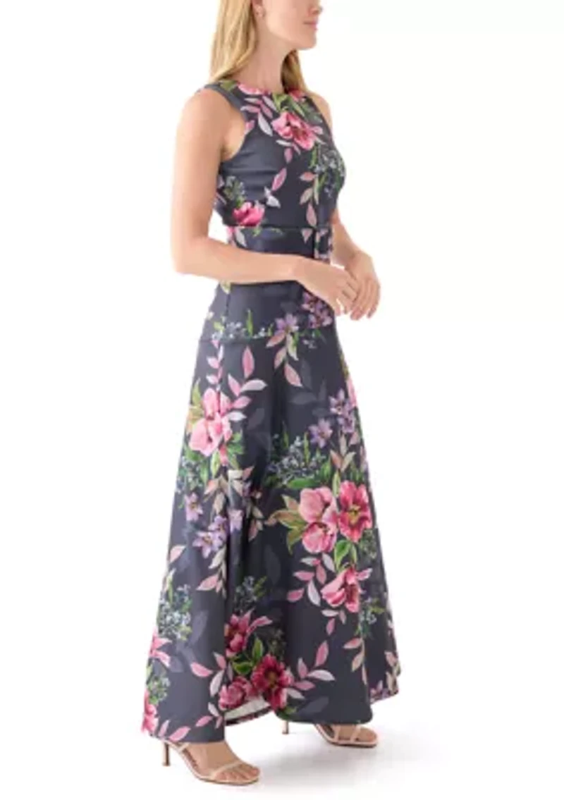 Women's Sleeveless Crew Neck Floral Print Maxi Dress