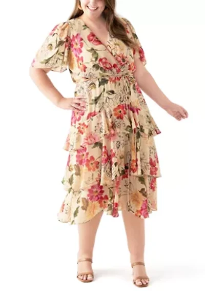 Plus Short Sleeve V-Neck Floral Printed Tiered Midi Dress