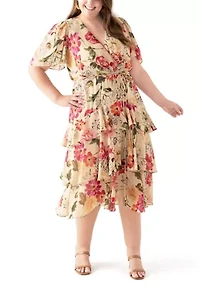 Plus Short Sleeve V-Neck Floral Printed Tiered Midi Dress