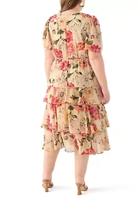 Plus Short Sleeve V-Neck Floral Printed Tiered Midi Dress