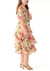 Plus Short Sleeve V-Neck Floral Printed Tiered Midi Dress