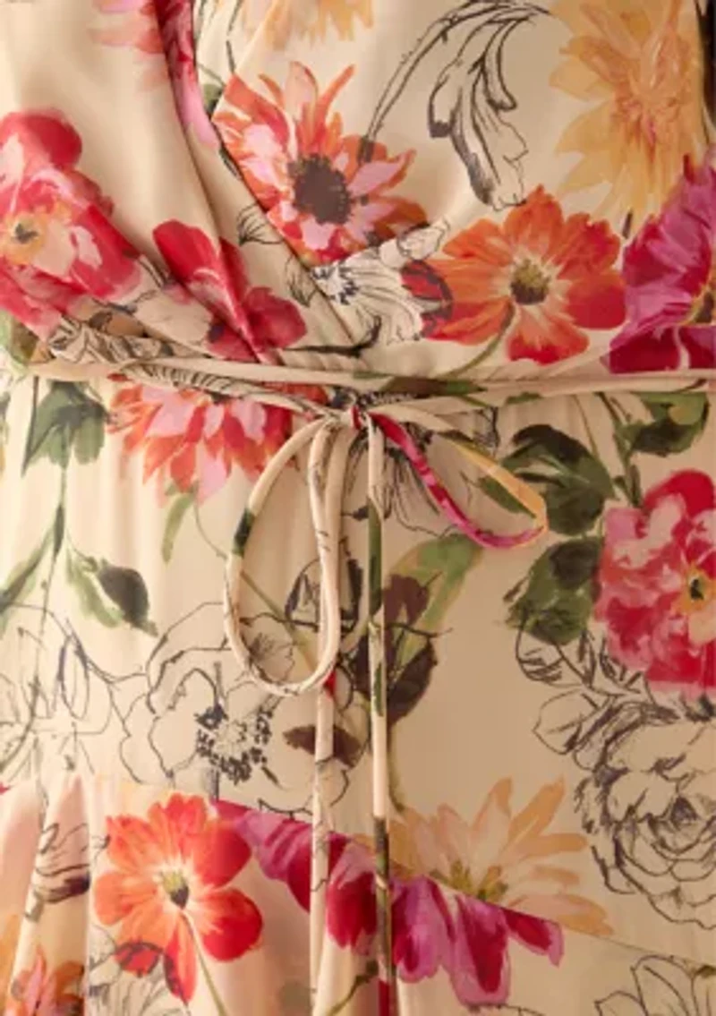 Plus Short Sleeve V-Neck Floral Printed Tiered Midi Dress