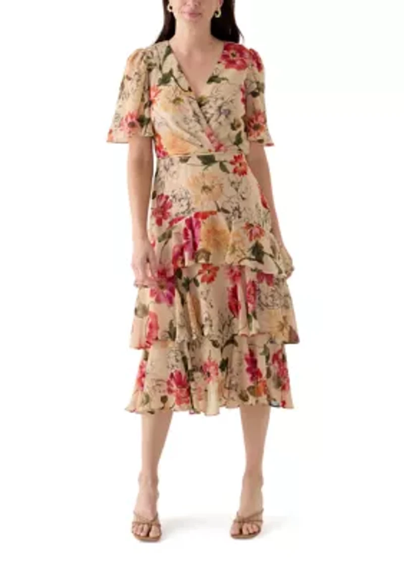 Women's Flutter Sleeve Floral Printed Chiffon Midi Dress