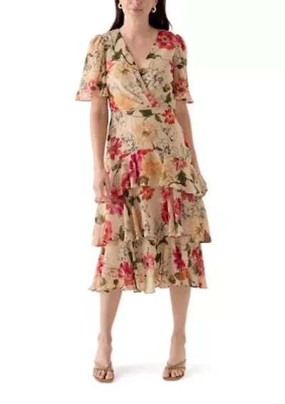 Women's Flutter Sleeve Floral Printed Chiffon Midi Dress