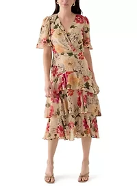 Women's Flutter Sleeve Floral Printed Chiffon Midi Dress
