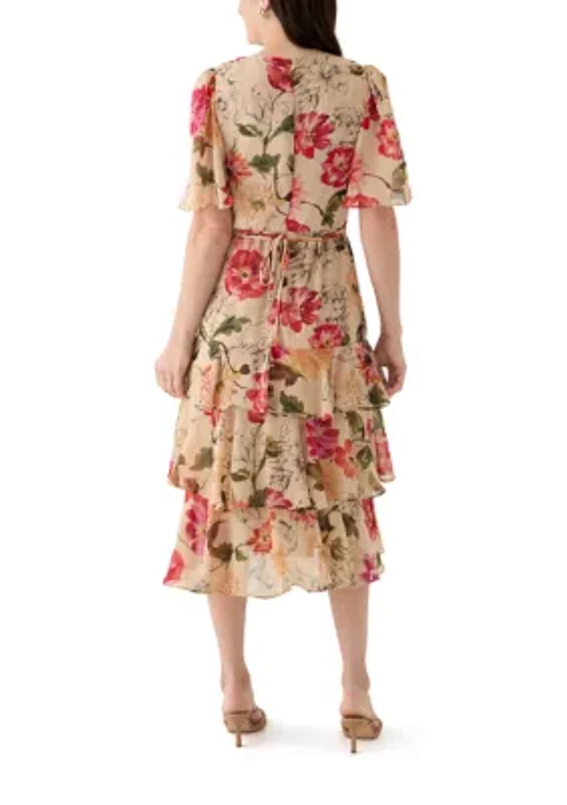 Women's Flutter Sleeve Floral Printed Chiffon Midi Dress