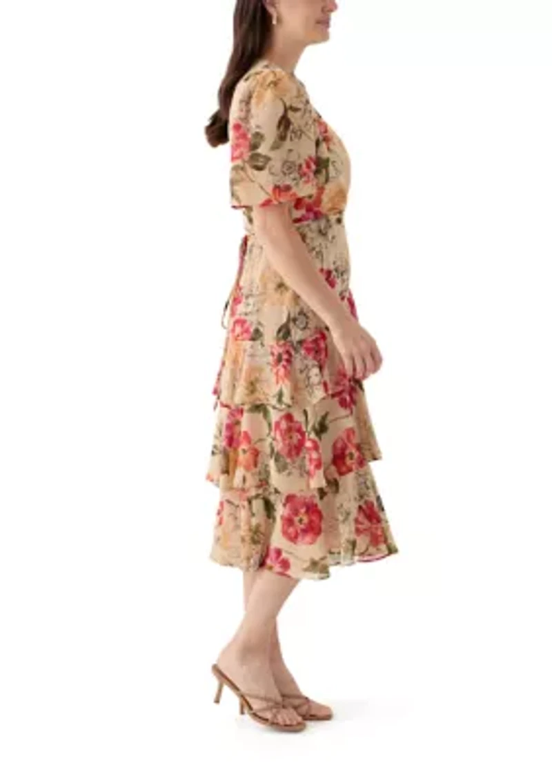 Women's Flutter Sleeve Floral Printed Chiffon Midi Dress