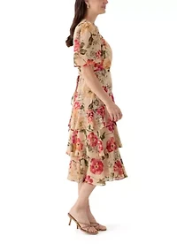 Women's Flutter Sleeve Floral Printed Chiffon Midi Dress