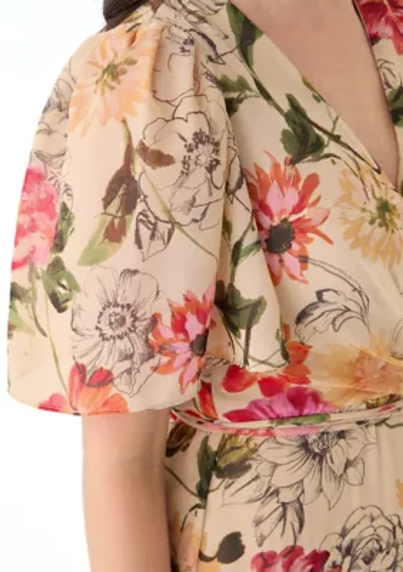 Women's Flutter Sleeve Floral Printed Chiffon Midi Dress