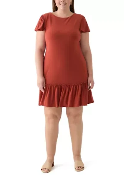 Plus Short Sleeve Crew Neck Solid Ruffle Hem A-Line Dress