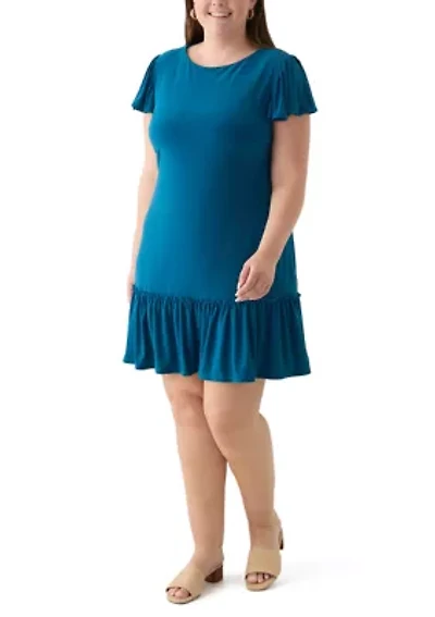 Plus Short Sleeve Crew Neck Solid Ruffle Hem A-Line Dress