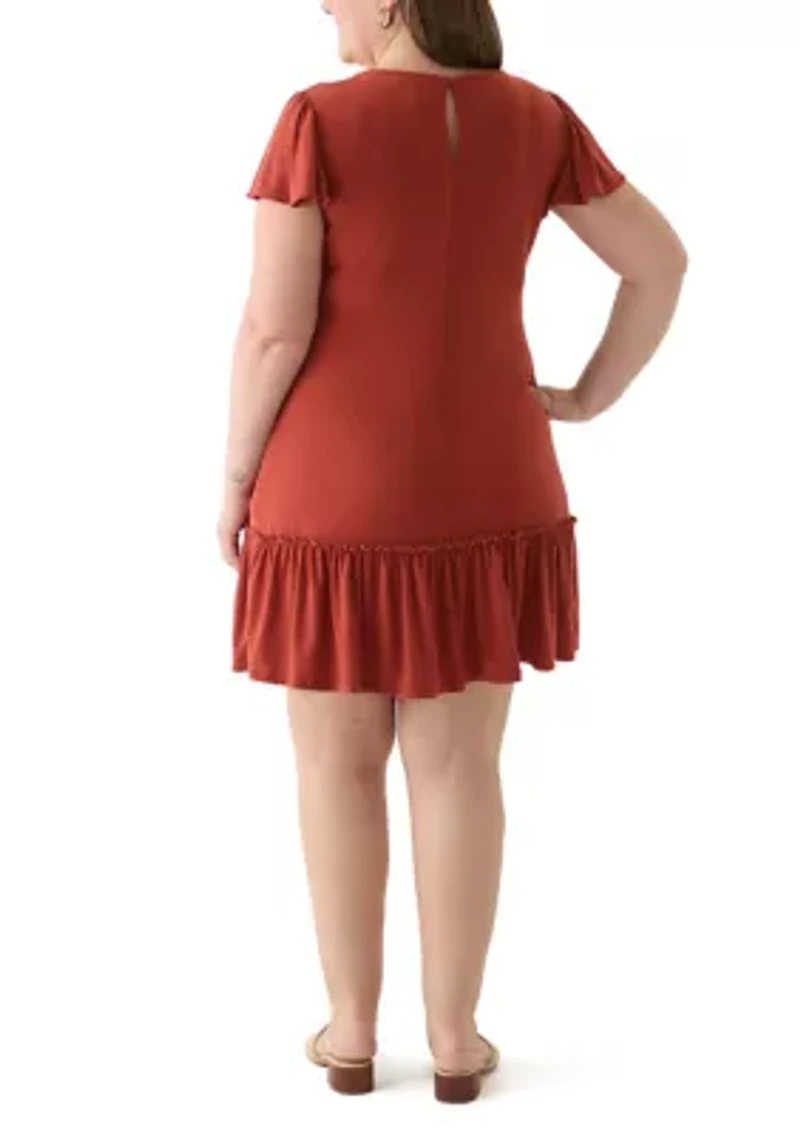 Plus Short Sleeve Crew Neck Solid Ruffle Hem A-Line Dress