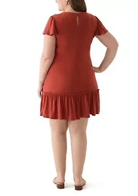 Plus Short Sleeve Crew Neck Solid Ruffle Hem A-Line Dress