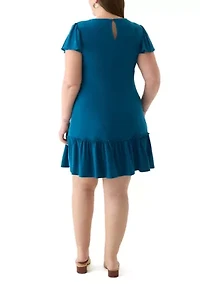 Plus Short Sleeve Crew Neck Solid Ruffle Hem A-Line Dress