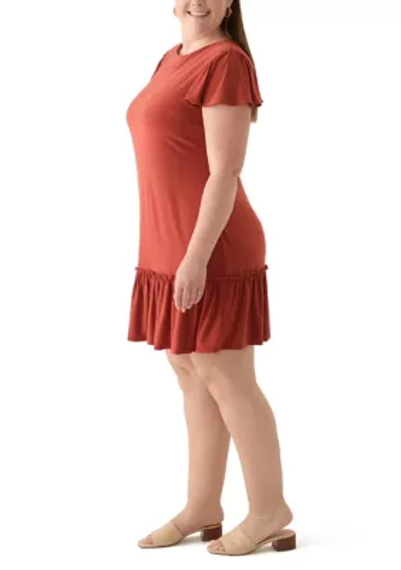 Plus Short Sleeve Crew Neck Solid Ruffle Hem A-Line Dress