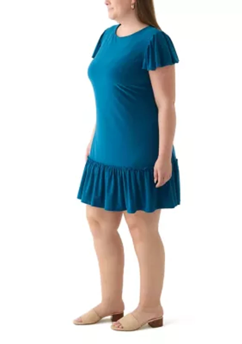 Plus Short Sleeve Crew Neck Solid Ruffle Hem A-Line Dress