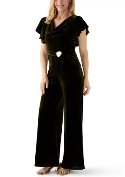 Women's Short Sleeve Cowl Neck Velvet Jumpsuit