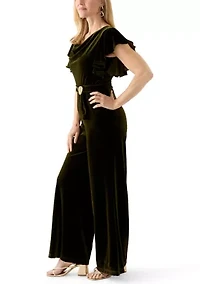 Women's Short Sleeve Cowl Neck Velvet Jumpsuit