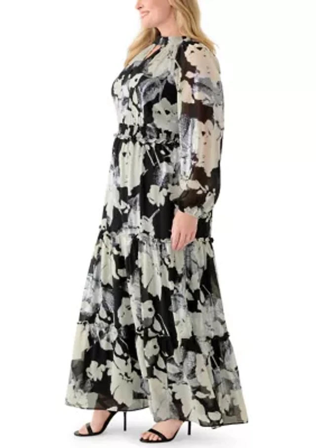 chinese dress ladies Mersin Floral Dime Organza Mockneck Maxi Dress