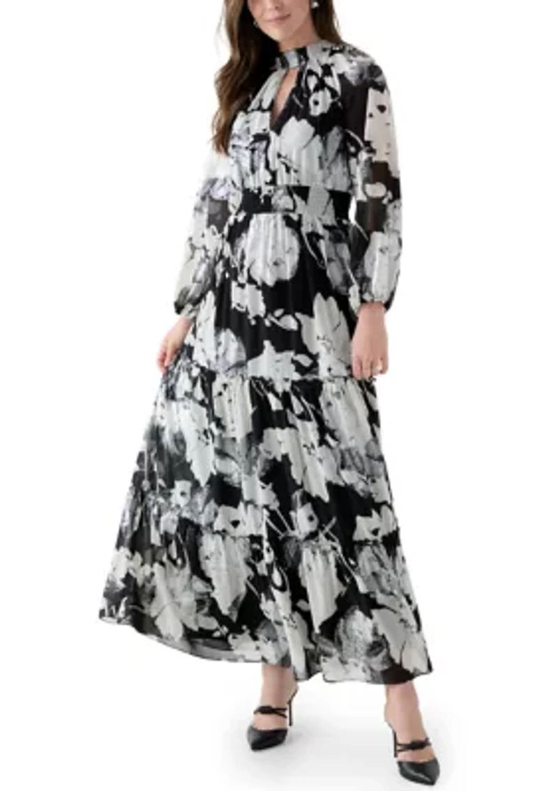 Women's Long Sleeve Floral Print Chiffon A-Line Dress