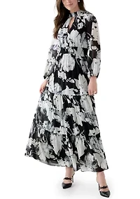 Women's Long Sleeve Floral Print Chiffon A-Line Dress