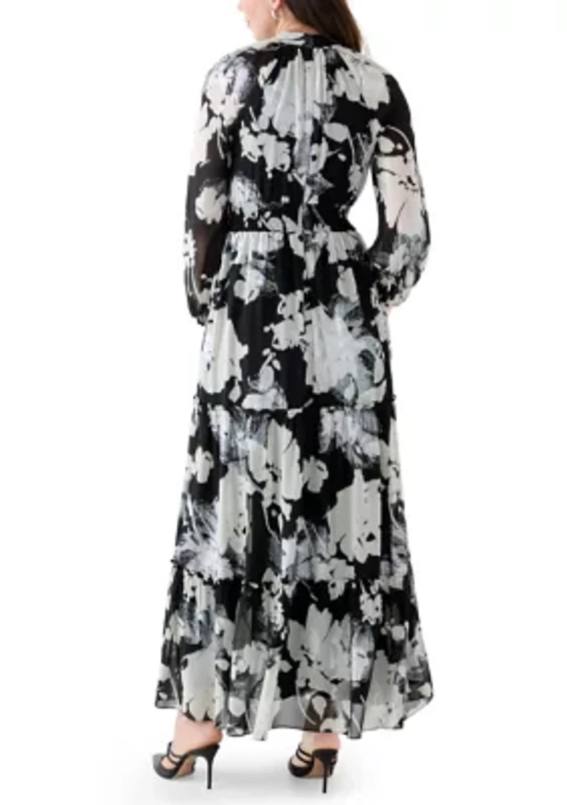 Women's Long Sleeve Floral Print Chiffon A-Line Dress