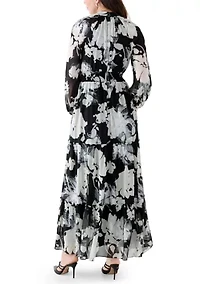 Women's Long Sleeve Floral Print Chiffon A-Line Dress